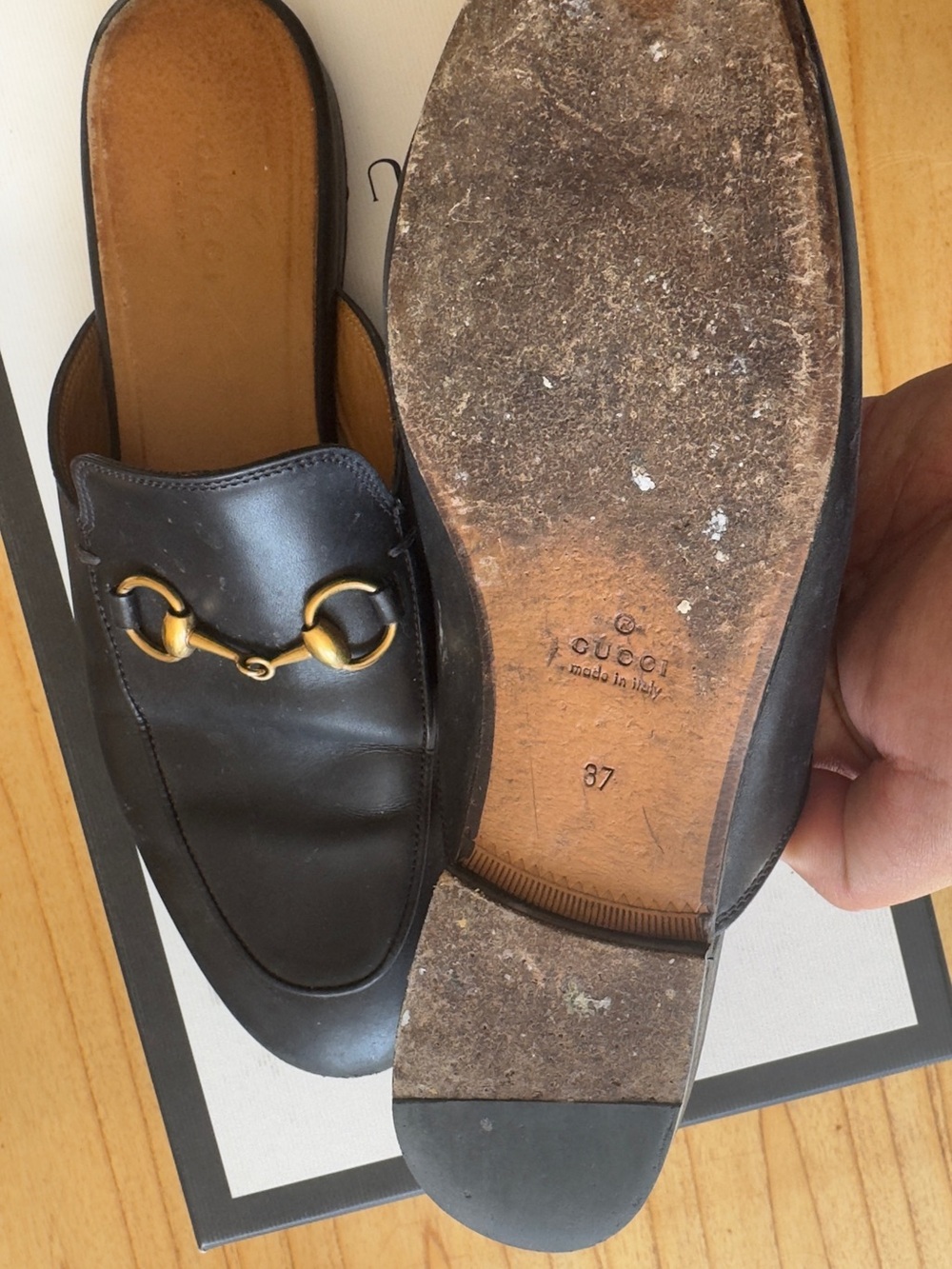 Black Leather Backless Loafers with Gold Horsebit Accent - Picture 3 of 9